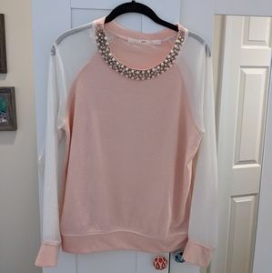 Sweater with pearl neckline, sheer sleeves